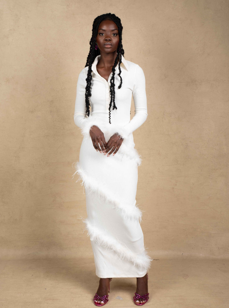 Aina Feather Maxi Dress - White