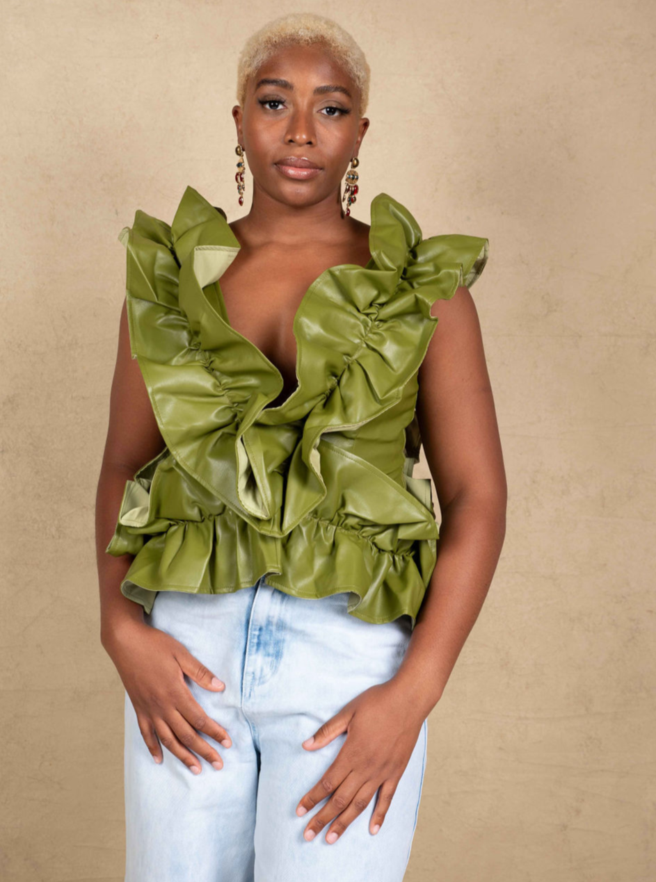 Constance Faux Leather Ruffle Top - Green